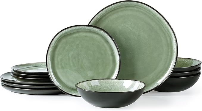AmorArc Ceramic Dinnerware Sets,Handmade Reactive Glaze Stoneware Plates and Bowls Set,Highly Chip and Crack Resistant | Dishwasher & Microwave Safe Dishes Set,Service for 4 (12pc)