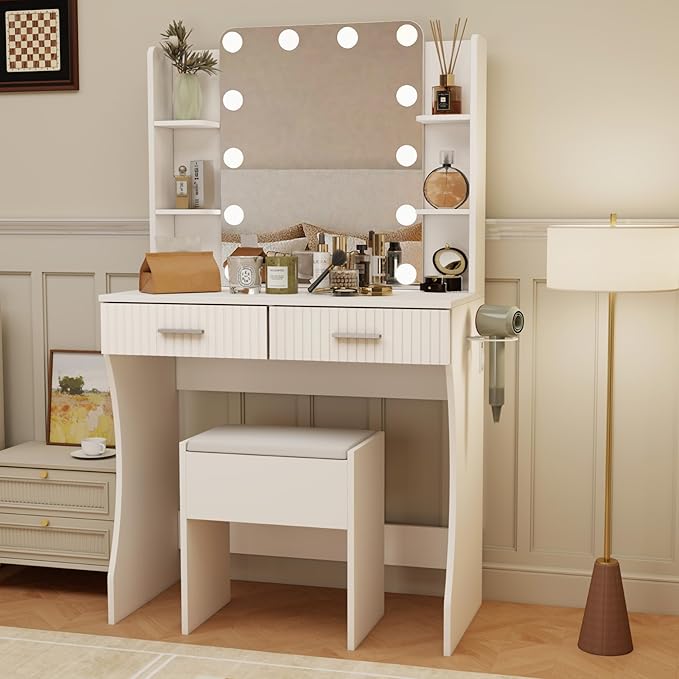 Small Vanity Desk with Mirror and Lights, Makeup Vanity Desk with 3 Color Modes Adjustable Bulb, 2 Large Drawers and 4 Open Storage Shelves, White Vanity with Charging Station for Bedroom