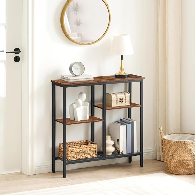 HOOBRO Narrow Console Table, Sofa Table, 4-Tier Industrial Hallway Table with Metal Mesh Shelf, Entryway Table with Adjustable Feet, for Entryway, Living Room, Hallway, Rustic Brown and Black BF79XG01