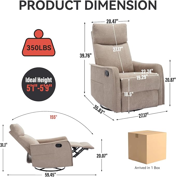 Massage Rocker Swivel Recliner Chair for Adults, Manual Recliner Glider with Lumbar Heating, Technical Flannel Fabric Nursery Glider Rocking Chair with Vibration Massage for Living Room - Khaki