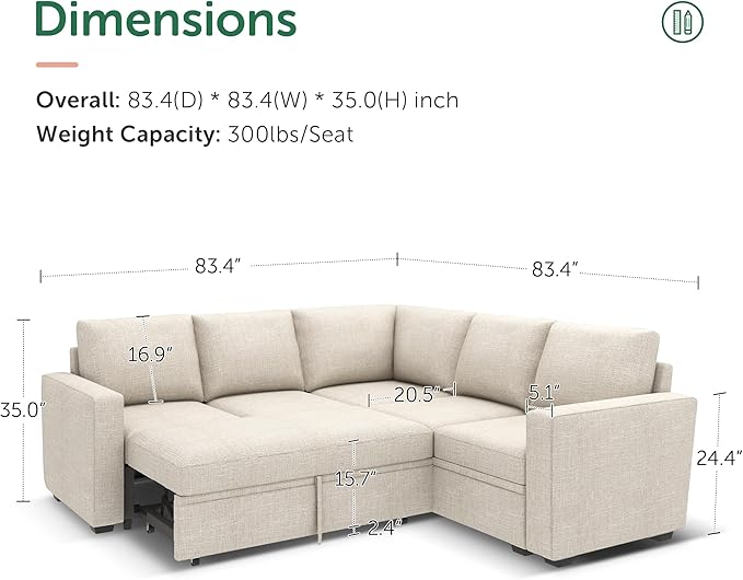 HONBAY Modular Sectional Sleeper Sofa with Pull Out Bed, L Shaped Couch with Storage Seat, Convertible Sectional Couches for Living Room, Beige