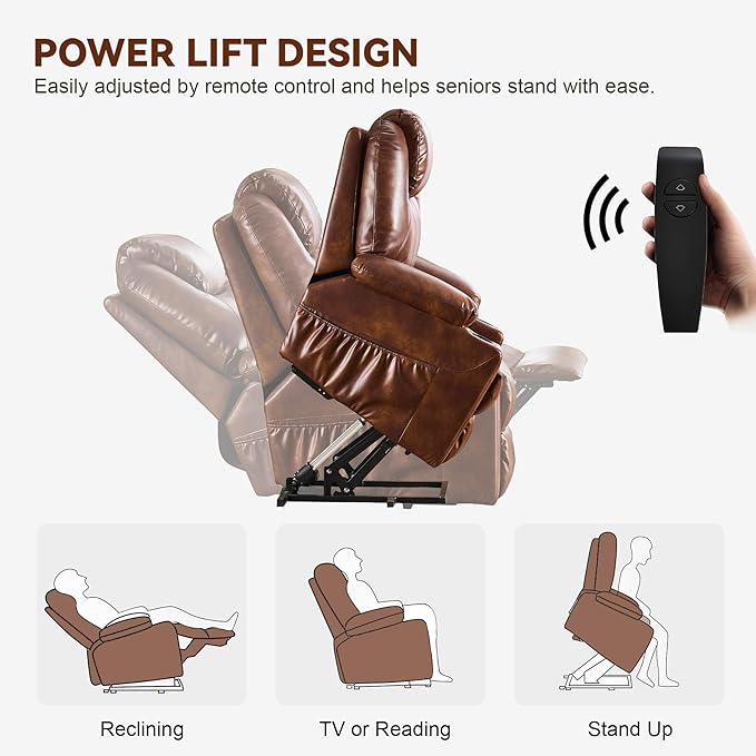 SALOHZA Power Lift Recliner Chair for Elderly with Massage and Heat for Living Room, Electric Recliner Chair for Adults with USB/Type C Port/Cup Holders, PU Faux Leather, Light Brown