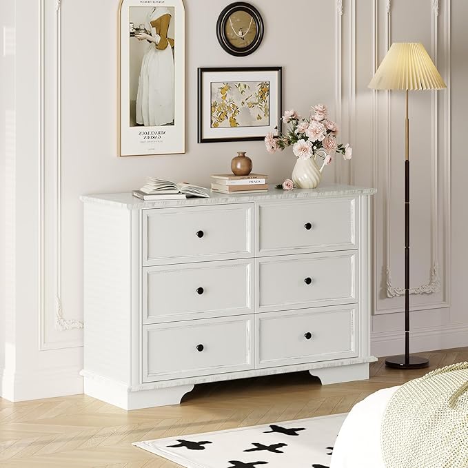 VINGLI White Dresser 6 Drawer, 47" Long Dresser for Bedroom, Chest of Drawers, French Vintage White Dressers Wood for Living Room, Hallway, 47.24" W*15.75D*31.5" H