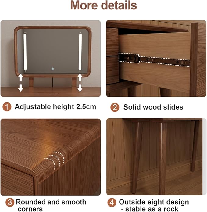 KungFuWood Natural Wooden Make up Table with Lighted Mirror,Soild Wooddressing Table with 3 Lighting Modes Brightness Adjustable,Drawers,Height Adjustable Mirror,Bedroom,Woman, Girl