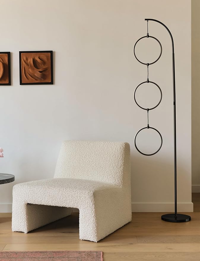 Brightech Nova Modern Floor Lamp Matches Living Room Décor - Contemporary Arc Tall Lamp with 3-Circle Ring-Style Pendant - Over The Couch Standing on Arching Pole - Eclectic- Black