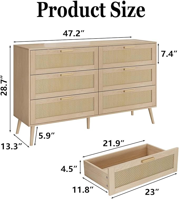 Rattan Dresser for Bedroom, Modern 6 Drawer Double Dresser with Gold Handles, 47" Wide Mid Century Modern Chest of Drawers with Sliding Drawers for Bedroom, Living Room or Hallway (Natural)