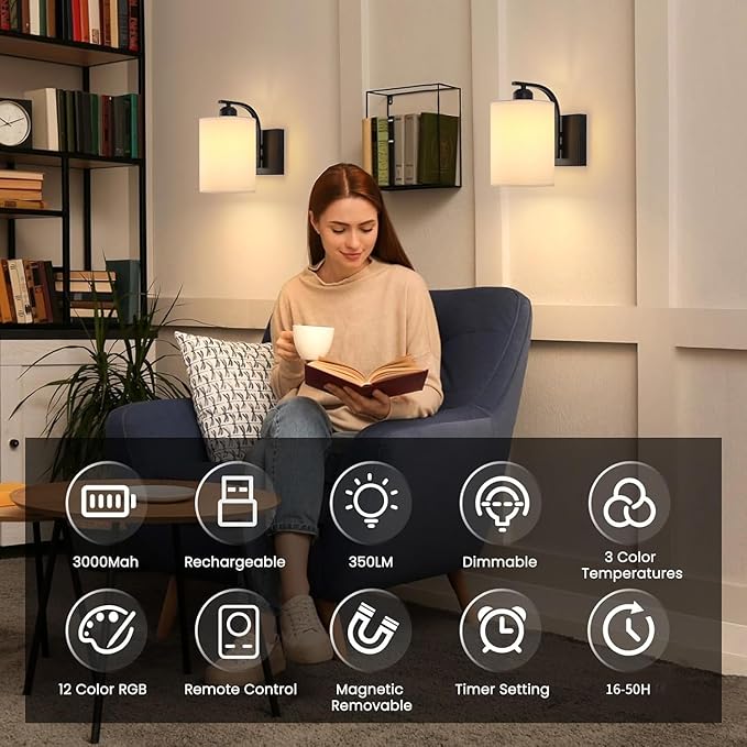 Battery Operated Wall Sconce with Remote Control, Black Rechargeable Wall Lights Set of 2, 15 Colours Wireless Wall Sconce with 3000mAh Dimmable Detachable Bulb for Bedroom, Living Room and Hallway