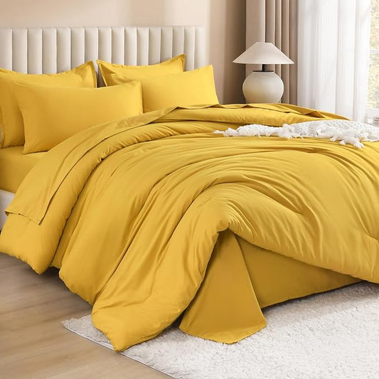 Litanika Comforter King Size Set Mustard Yellow - 7 Pieces Bed in a Bag King Bedding Comforter Sets, Plain Lightweight Bed Set with Comforter, Sheets, Pillowcases & Shams