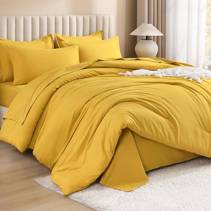 Litanika Comforter Full Size Set Mustard Yellow - 7 Pieces Bed in a Bag Full Bedding Comforter Sets, Plain Lightweight Bed Set with Comforter, Sheets, Pillowcases & Shams