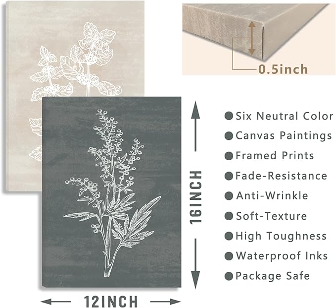 BINCUE Neutral Botanical Plant Canvas 6 Pieces Rustic Farmhouse Wall Art for Living Room Bedroom and Bathroom,Canvas Paintings Print Set Decor 12"x 16"