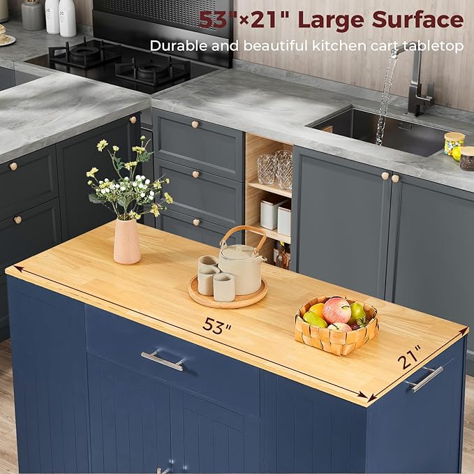 53" Long Kitchen Island with Trash Can Storage, Blue Kitchen Cart with Garbage Bin 10 Gallon, Portable Island with Trash Can, Wood Top, Spice Rack and Drawers