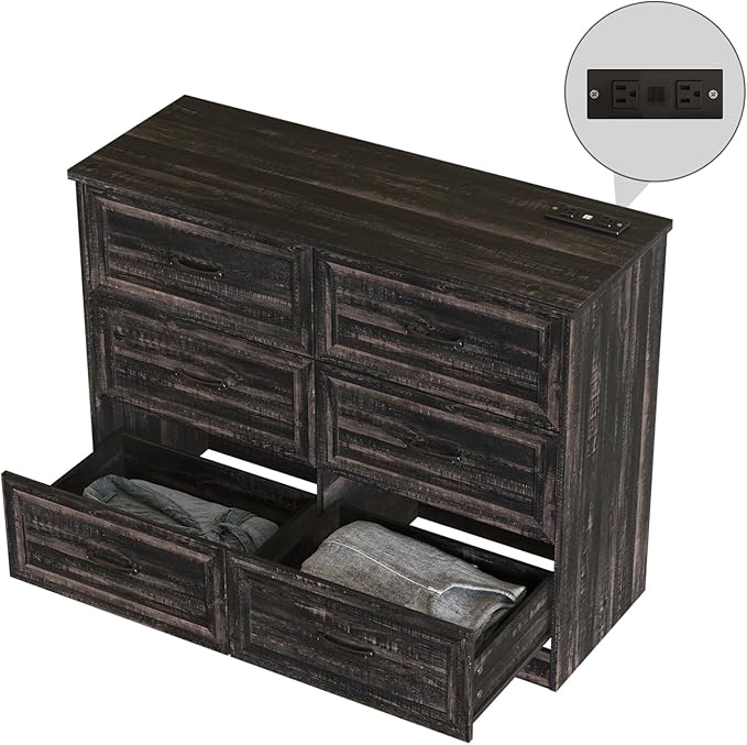 Fameill Dresser for Bedroom, 6 Drawer Wide Dressers Organizer with Charging Station for Hallway with Metal Handles, Dark Brown