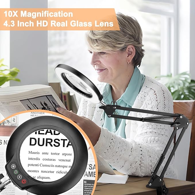 Drdefi 10X Magnifying Glass with Light and Stand, 3-in-1 Adjustable Swing Arm Magnifying Floor Lamp, 5 Color Modes Stepless Dimmable LED Lighted Magnifier Lamp with Clamp for Craft Reading Close Work