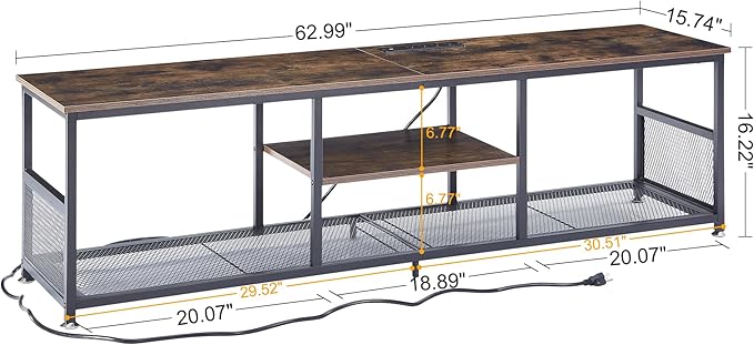 VECELO TV Stand with Power Outlets for Televisions up to 75Inch, 62" Media Entertainment Center with Charging Station 3-Tier Open Storage Shelves with Metal Frame for Living Room/Bedroom，Brown