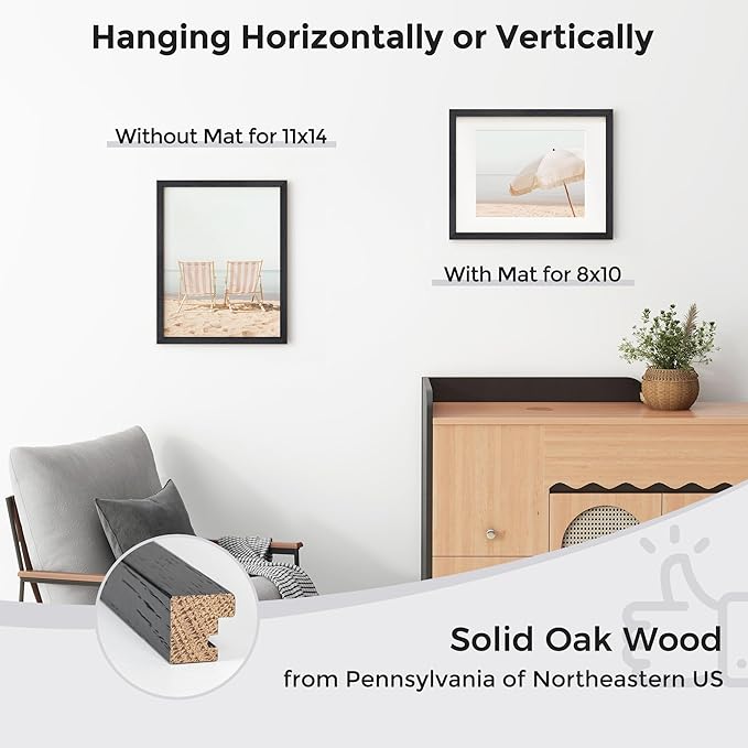 Axeman 11x14 Picture Frame with Mat for 8x10, Solid Oak Wood Picture Frames with Tempered Glass, Natural Wooden 11x14 inch Photo Frame for Wall, Wall Hook Included for Art Photo and Prints, Black