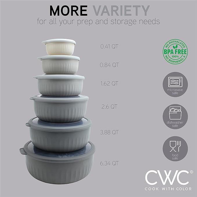 COOK WITH COLOR Prep Bowls with Lids- Wide and Deep Nesting Plastic Small Mixing Bowl Set with Lids, 12 Piece Set - Wide Bowls, Gray