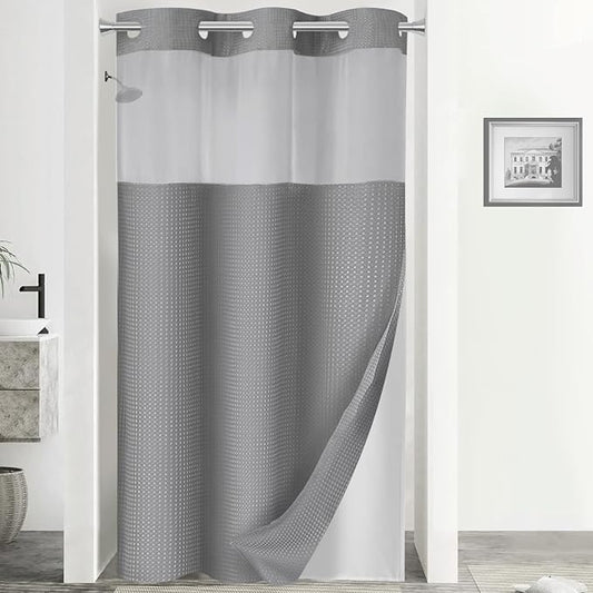 YellyHommy No Hook Shower Curtain with Snap in Liner Set Less Time Grey Waffle Shower Curtain for Bathroom 75" L x 48" W Gray