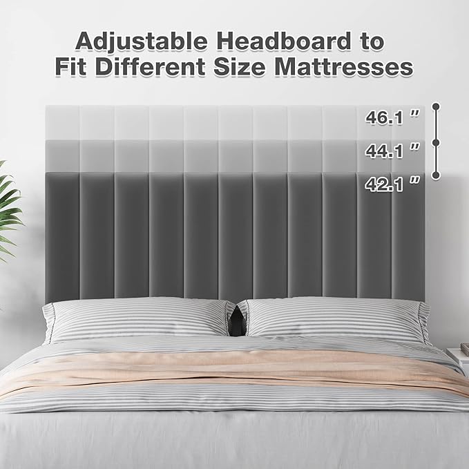 IDEALHOUSE Queen Bed Frame with Velvet Headboard Adjustable, Strong Wooden Slat Support, No Box Spring Needed, Noise Free Sleep,Easy Assembly, Dark Grey
