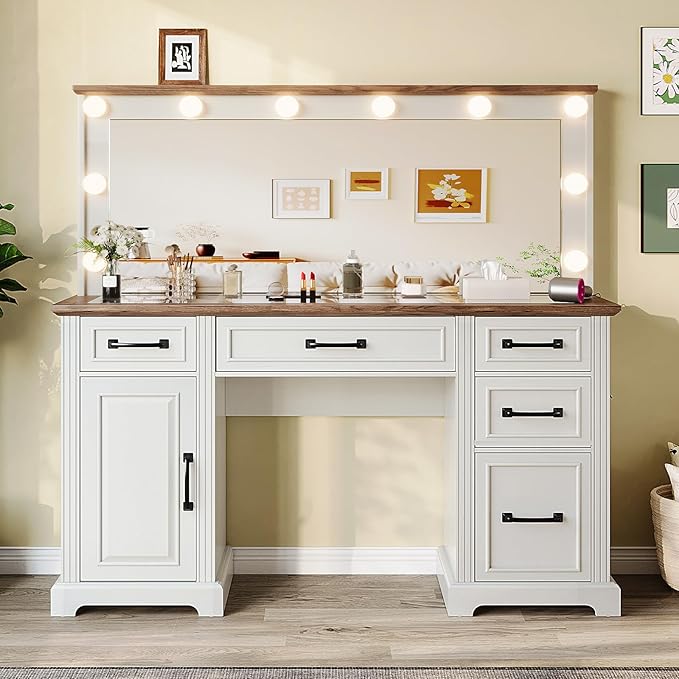 55'' Farmhouse Vanity Desk with Mirror and Lights, Large Makeup Table with Charging Station, Glass Tabletop & 5 Drawers, Rustic Dressing Table for Bedroom, Antique White