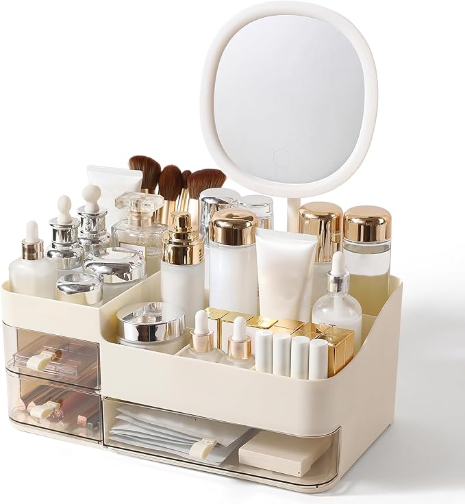 DASITON Makeup Organizer with Rechargeable Mirror and 3 Drawers,Skincare and Cosmetics Organizer Countertop,Makeup Brush Holder,Large Cosmetic Display Case for Vanity,Desk,Bathroom,Bedroom(Cream)