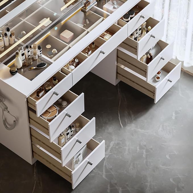 46" Makeup Vanity with Mirror, Glass Top Makeup Vanity Desk with Power Outlet and 9 Drawers, 3 Color Lighting Modes for Bedroom, White