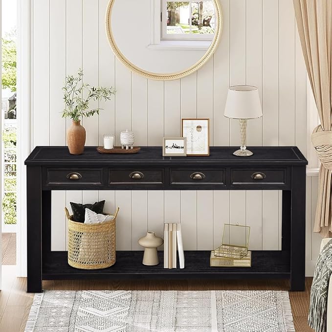Console Table for Entryway, 60 Inch Sofa Table Narrow Long Hallway Table, ConsoleTable w/4 Drawers and Bottom Shelf for Living Room Entryway Home,Kitchen Counter,Black