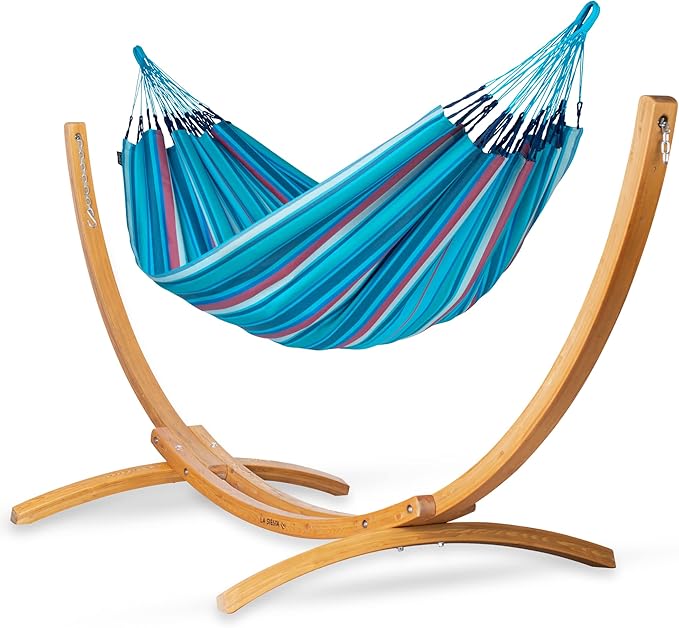 LA SIESTA® - Large Double Brisa Classic Hammock & Elipso Stand - Larch Wood Hammock Stand - Weather & Tear Resistant - Backyard Outdoor Hammock with Stand - 2-Person, Max 355 Lbs, Wave