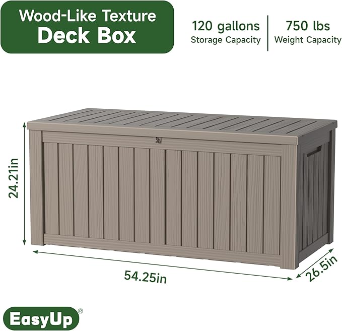 120 Gallon Outdoor Storage Box, Resin Waterproof UV-Resistant Deck Box with Hydraulic Lid Support, Reinforced Stability for Patio, Garden, and Poolside, Striped Gray