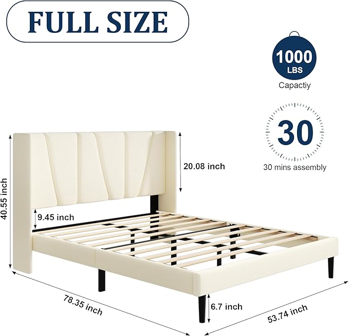 Full Bed Frame with Headboard and Wingback, Velvet Upholstered Platform Bed, Mattress Foundation with Wooden Slat Support, No Box Spring Needed, Easy Assembly, Noise Free, Beige