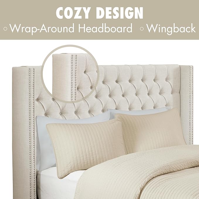 Madison Park Amelia Upholstered Headboard | Nail Head Trim Wingback Button Tufted | Queen, Cream