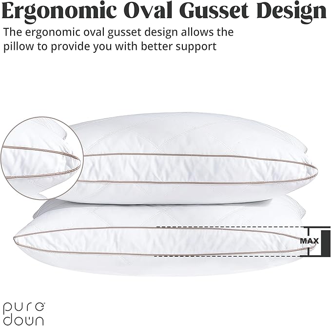 puredown® Natural Goose Down Feather Pillows for Sleeping Oval Gusseted Down Feather Pillow 100% Cotton Pillow Cover with Leaf Quilting Queen Set of 2