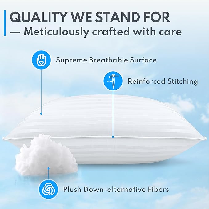 Queen Size Bed Pillows Set of 2 - Premium Down Alternative Cooling Pillows for Side, Back, and Stomach Sleepers Hotel Quality Fluffy Soft Microfiber Fill Breathable Skin-Friendly