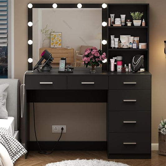 Loomie Vanity Desk with Lighted Mirror & Power Outlet, Makeup Vanity Table with 6 Drawers, 3-Tier Shelf, Vanity Dresser with 10 Lights in 3 Lighting Colors for Bathroom, Bedroom,Makeup Room, Black