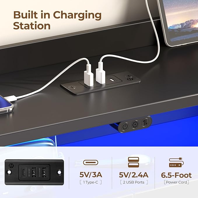 Rolanstar Queen Bed Frame with Headboard, LED Bed with Bookcase Storage and Charging Station, Metal Platform Bed with Glass Shelves, No Box Spring Needed, Noise-Free, Black