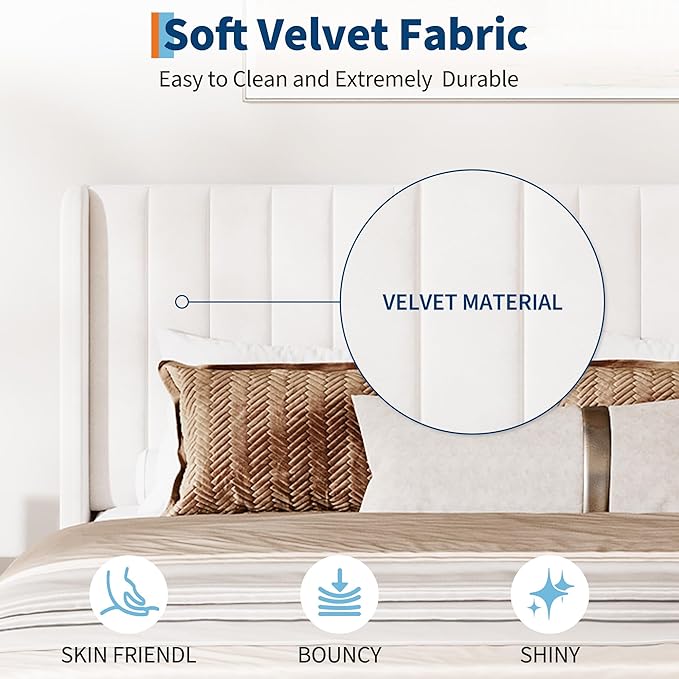 IDEALHOUSE Full Size Velvet Bed Frame/Vertical Channel Tufted Wingback Headboard/Upholstered Platform Bed/Wood Slats/No Box Spring Needed/Easy Assembly/White