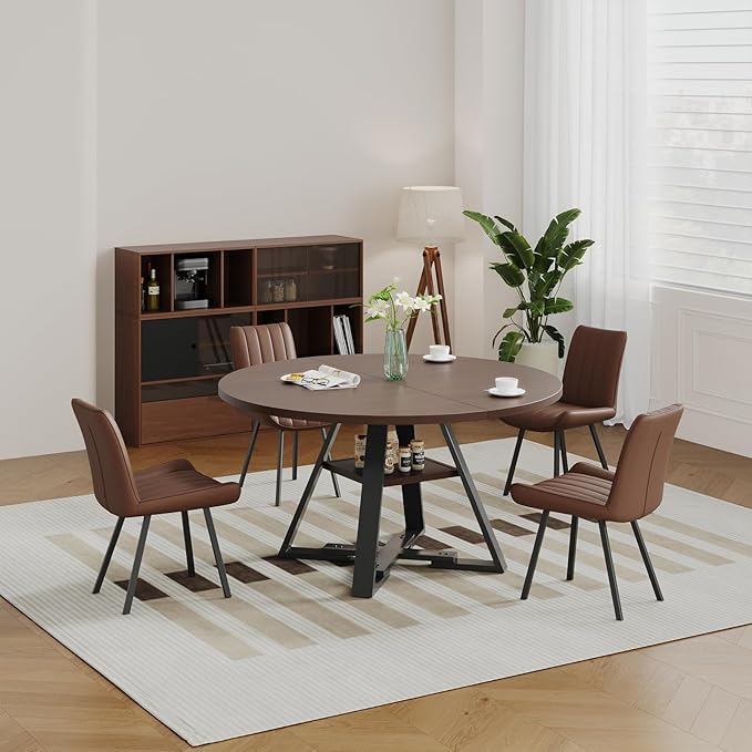 45.3" Walnut Round Dining Table Set with 4 Chairs – Mid-Century Modern Small-Space Kitchen & Dining Room Furniture for Apartment or Breakfast Nook (Walnut – Storage Table + 4 Brown Chairs)