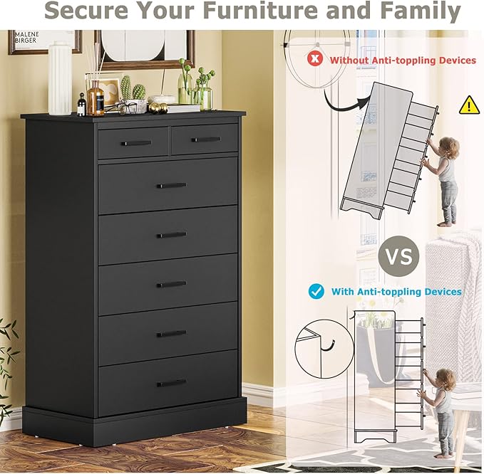 EPHEX Tall Dresser with 7 Drawers for Bedroom, Storage Tower Clothes Organizer, White Chest of Sturdy Pedestal, 27.6'' W x 15.8'' D 44.1'' H Black