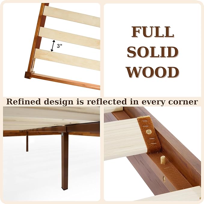 Bme Dinkee 15 Inch Signature Bed Frame Without Headboard - Modern & Minimalist Style with Acacia Wood - 12 Strong Wood Slat Support - Easy Assembly - No Box Spring Needed - Caramel, Full