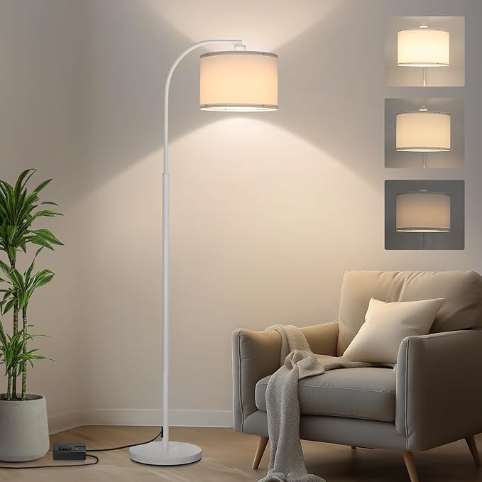Floor Lamps for Living Room, White Arc Floor Lamp with Stepless Dimmer, Modern Standing Lamp with Adjustable Drum Shade, Tall Pole Lamp for Bedroom Study Room Office, 9W 3000K LED Bulb Included