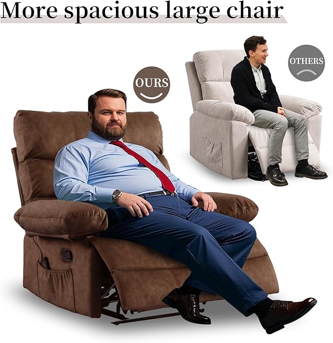 Oversized Power Recliner Chair 350lb with Hidable Cup Holders, Extra Wide Large Big Electric Recliner Chair with Lumbar Support Pillow Nursery Chair Living Room (Manual, BROWN-6002-1)