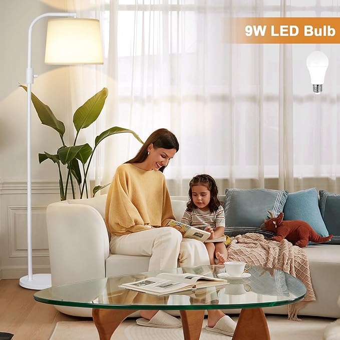 Ambimall Fully Dimmable Floor Lamp - Floor Lamps 9W LED Light Bulbs, Standing Lamps for Living Room with Adjust Head, Modern Standing Light Rotary Switch, Tall Lamp for Bedroom(White and White)
