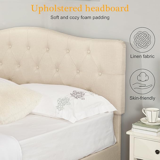 VECELO Full Size Platform Bed Frame with Fabric Upholstered Headboard and Wooden Slats Support, No Box Spring Needed/Easy Assembly,Beige