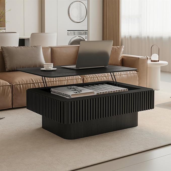 Lift Top Coffee Table for Living Room, Accent Fluted Coffee Table with Storage, Modern Solid Wood Veneered Rectangle Center Tea Table for Small Space Apartment (38.6''L×14''H-Black)
