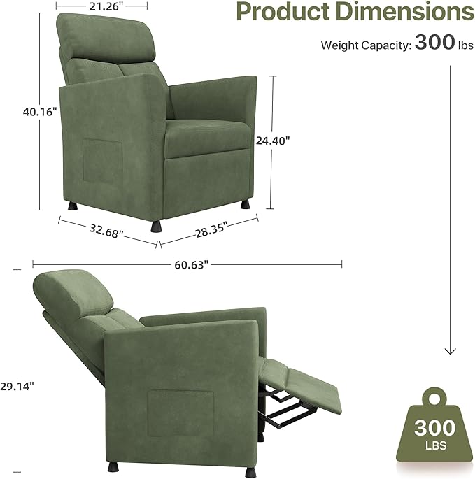 Claiks Power Recliner Chair for Adults, Adjustable Reclining Chair, Comfortable Recliner Couch with Side Pockets&Wire Remote Control, for Living Room, Home Theater, Bedroom, Linen Fabric, Green