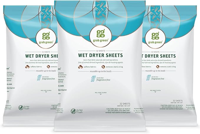 Grab Green Wet Dryer Sheets, 96 Count, Fragrance Free, Plant Based, Softens Fabrics, Reduces Static Cling and Wrinkles