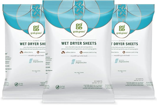 Grab Green Wet Dryer Sheets, 96 Count, Fragrance Free, Plant Based, Softens Fabrics, Reduces Static Cling and Wrinkles