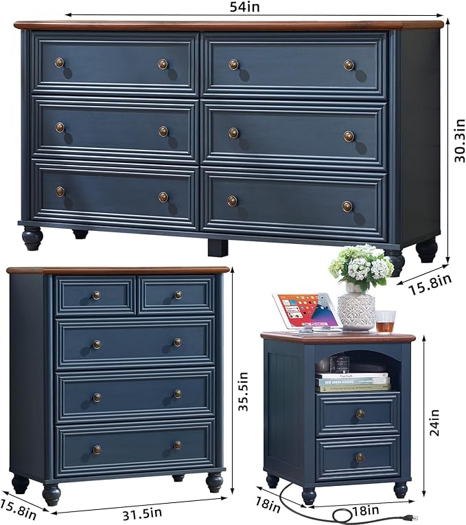 Farmhouse Dressers & Night Stand Set of 3, Wood 54" Wide 6 Drawer Dresser & 35.5"Tall Chest of Drawers, 18" with Charging Station Nightstand, Bedroom Furniture Dresser Set for Home Living Room Hallway