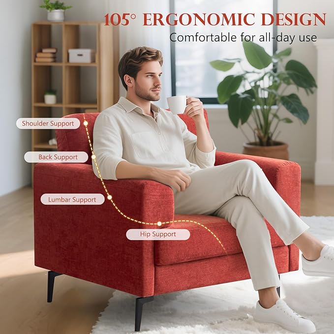 CDCASA Accent Chair, Chenille Fabric Oversized Mid Century Modern Chair Set of 2, Comfy Upholstered Armchair Reading Accent Chairs Sofa Chairs for Bedroom Living Room, Terracotta