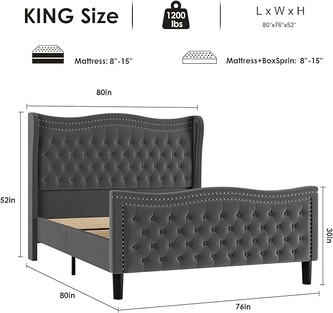King Bed Frame with Tall Headboard & Footboard, Velvet Upholstered Platform Bed Frame with Deep Button Tufted Wingback, No Box Spring Needed, Noise Free, Grey