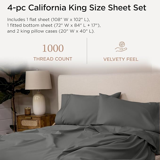 Threadmill Supima Cotton Luxury Sheets, California King, 1000 Thread Count Sateen Weave, 4 Pc Set, Dark Grey with Elasticized Deep Pocket